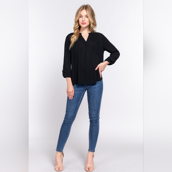 ACTIVE BASIC Full Size Notched Long Sleeve Woven Top - Picture 3 of 5